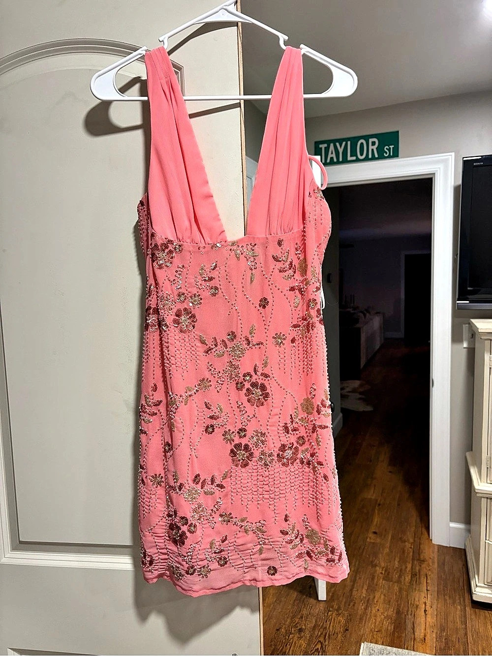Hello Molly Sequin Beaded Floral Minidress Pink